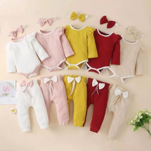 Autumn Amazon Baby Cotton Solid Color Pit Stripe Long sleeved Pants Bow Three Piece Set New