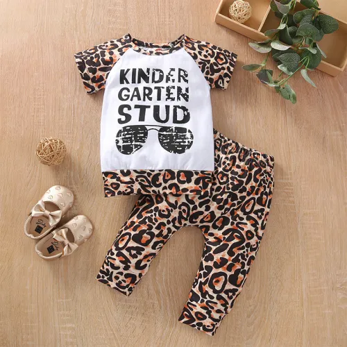 Cross border popular children's clothing summer letter short sleeved+leopard print pants set, two-piece set