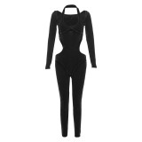 European and American style autumn women's new sexy backless halter neck low neck hollow out long sleeve slim fit one-piece pants women