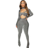 European and American women's clothing autumn and winter new cross wrap chest long sleeved pants tight sexy jumpsuit for women