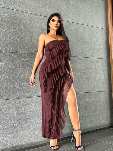 Summer new European and American style sexy backless sleeveless strapless lace women's slim fit slit tassel dress