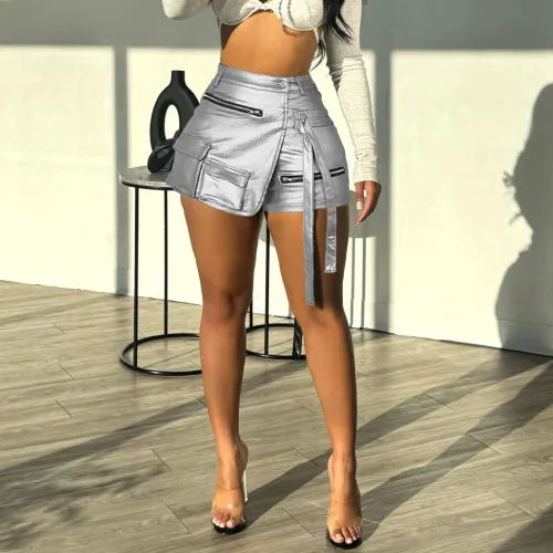 Amazon new European and American women's summer hot pants fashion high elastic irregular Multi Pocket tooling A-line shorts