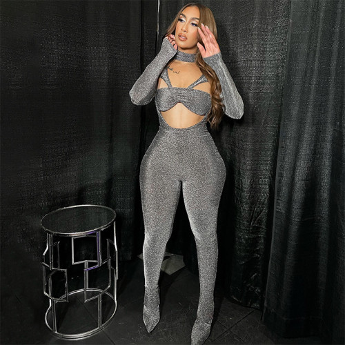 European and American women's clothing autumn and winter new cross wrap chest long sleeved pants tight sexy jumpsuit for women