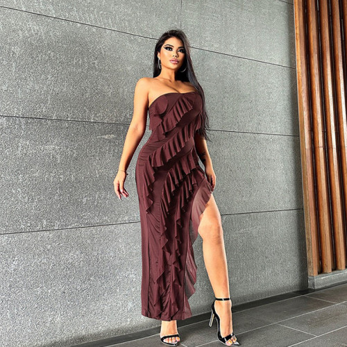 Summer new European and American style sexy backless sleeveless strapless lace women's slim fit slit tassel dress