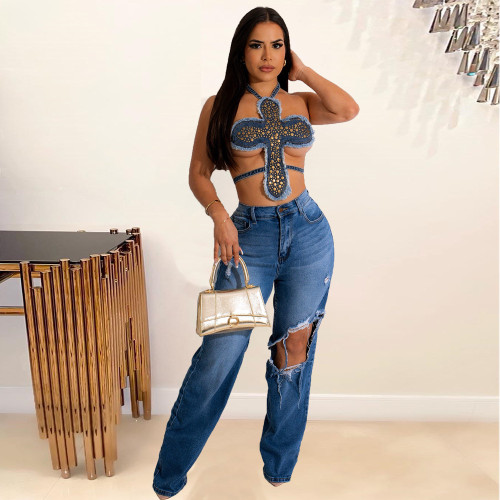 Quick sale popular summer new personality trend tassel open back lace up hot drill denim breast wrapped woman