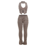 European and American style autumn women's new sexy knitted low neckline vest with high waist and long flared casual pants