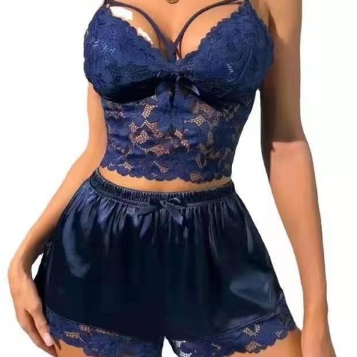 Blue flower European and American new wish Amazon suspender LACE VEST TOP+Lace shorts Pajama suit