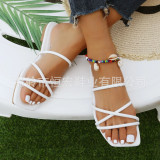 Cross border summer outdoor wearing of white sandals, women's flat slippers, mini thin strap with exposed toes