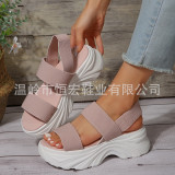 Summer New Solid Color Thick Sole Sandals for Women's Foreign Trade Shoes Fashionable Elastic Band Sports Sandals for Women's Outwear