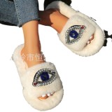 Autumn and winter new women's rhinestones with big eyes, embroidered fur slippers, and a feeling of stepping on feces. Home slippers with a straight line can be worn externally