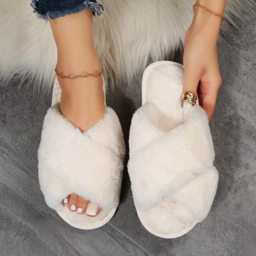 Wholesale of women's autumn and winter new flat bottomed indoor floor plush slippers for foreign trade, crossed plush cotton slippers