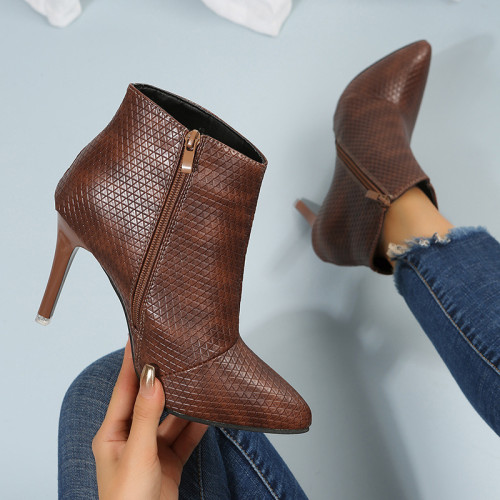 Cross border slim heel pointed short boots for women in brown autumn and winter, new European and American fashion boots with back zipper and bare boots