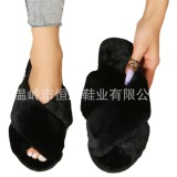 Wholesale of women's autumn and winter new flat bottomed indoor floor plush slippers for foreign trade, crossed plush cotton slippers