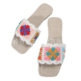 Summer Sweet Versatile Women's Slippers Knitted Flower Slippers Square Toe Open Toe Flat Sandals for Women's Outwear