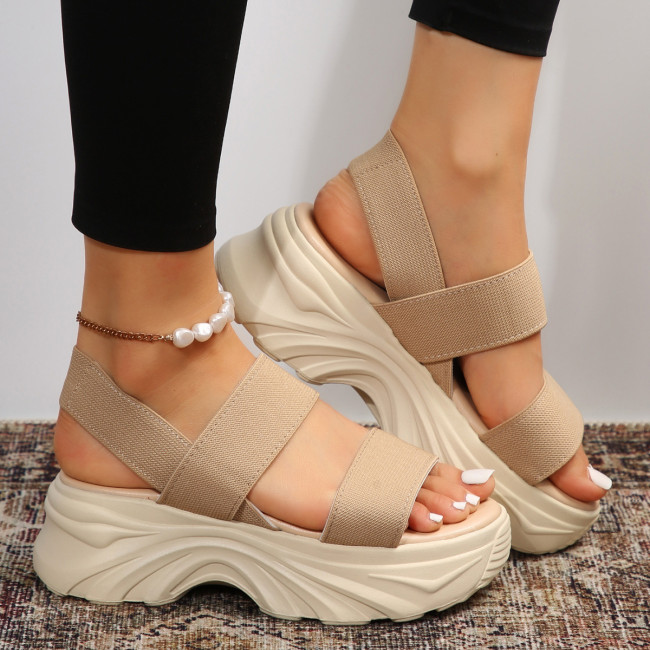 Summer New Solid Color Thick Sole Sandals for Women's Foreign Trade Shoes Fashionable Elastic Band Sports Sandals for Women's Outwear