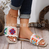 Summer Sweet Versatile Women's Slippers Knitted Flower Slippers Square Toe Open Toe Flat Sandals for Women's Outwear