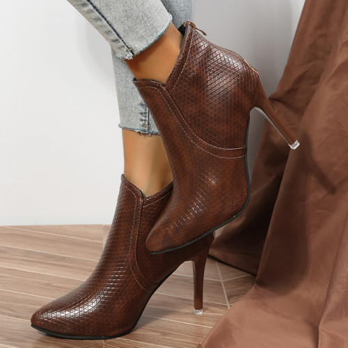 Cross border slim heel pointed short boots for women in brown autumn and winter, new European and American fashion boots with back zipper and bare boots