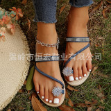 Foreign trade oversized sandals for women wearing summer new European and American beach sandals, rhinestone flower flat bottomed slippers in stock