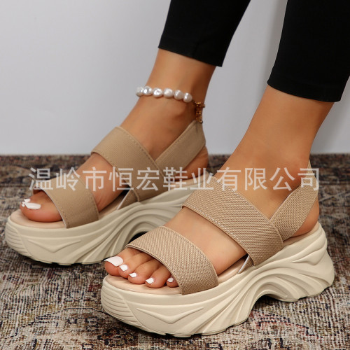 Summer New Solid Color Thick Sole Sandals for Women's Foreign Trade Shoes Fashionable Elastic Band Sports Sandals for Women's Outwear