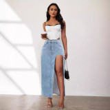Manufacturer's direct sales to Europe and America, cross-border high slit denim skirt, women's spring/summer new washed solid color mid length skirt