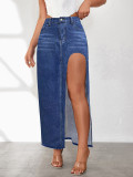 Manufacturer's direct sales to Europe and America, cross-border high slit denim skirt, women's spring/summer new washed solid color mid length skirt
