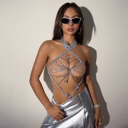 European and American Amazon cross-border new hot selling acrylic gemstone sexy backless tassel chest accessory for women