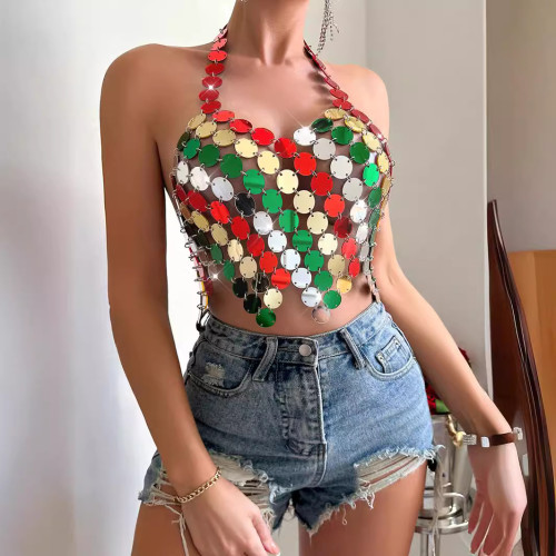 European and American cross-border Amazon popular color splicing sexy acrylic backless hanging neck vest