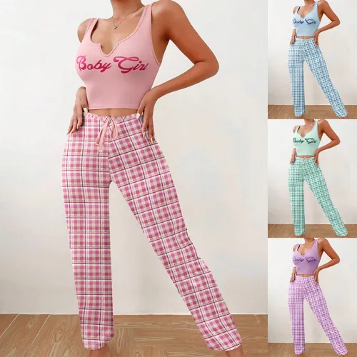 Cross border European and American home clothing vest, color checkered pants, letter printed top, women's pajamas