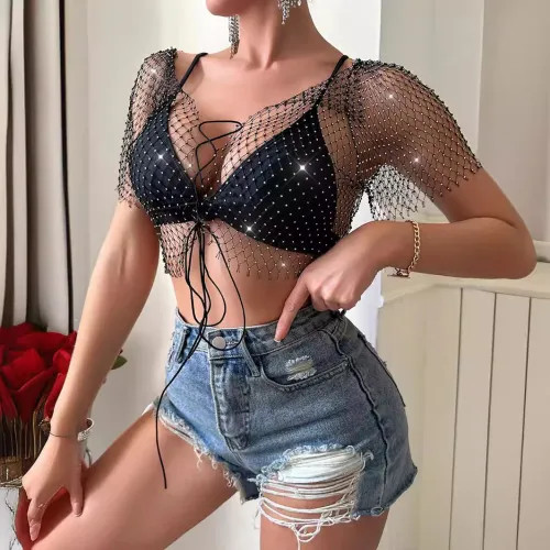 European and American Amazon Spring/Summer New Bikini Paired with Rhinestone Strap Perspective Sexy Top