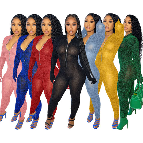 Amazon's European and American foreign trade autumn and winter fashion women's solid color mesh long sleeved 7-color jumpsuit