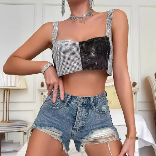 Cross border hot selling women's clothing in Europe and America, sexy nightclubs, handcrafted splicing nightclubs, sparkling diamond suspenders, small vests