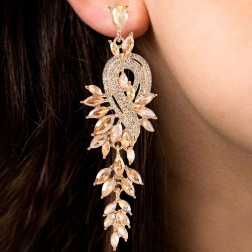 Cross border new retro long leaf tassel earrings, leaf notes, water droplet shaped diamond inlaid earrings