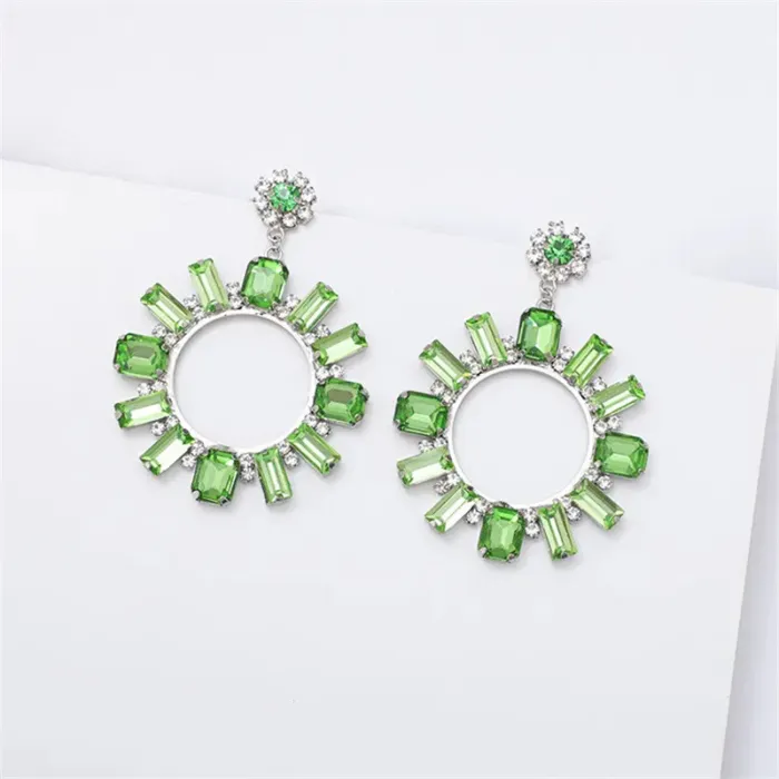 Fashion exquisite geometric alloy sunflower pendant earrings design sense accessories green rhinestone earrings for women