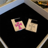 Sweet cool design pink black cross earrings 925 silver needle metal copper square geometric earrings for female