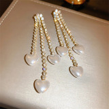 925 silver needle heart-shaped pearl tassel earrings women's retro long claw chain rhinestone earrings