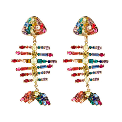 Baroque Creative Full Diamond Fishbone Colorful Crystals Earrings Fashion Cool Personalized Woman Statement Earrings