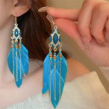 Women's Long Enamel Oval Geometric Earrings Vintage Bohemian Rice Bead Feather Tassel Earrings