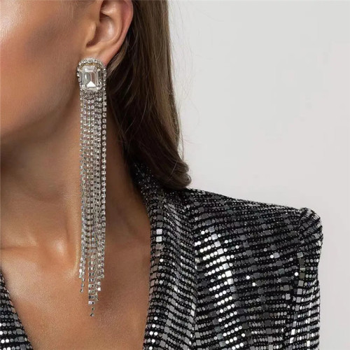 Super Flash Claw Chain Series Alloy Diamond Rhinestone Tassel Geometric Designer Sense Dinner Black Evening Long Earrings