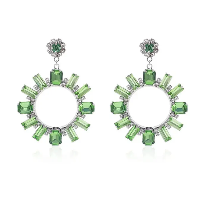 Fashion exquisite geometric alloy sunflower pendant earrings design sense accessories green rhinestone earrings for women