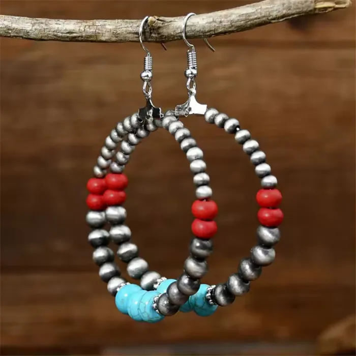 Retro ethnic style CCB round pearl drop earrings New beaded pearl turquoise earrings for women
