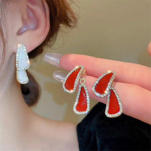 Fashion personality rhinestone 925 silver needle earrings design front and back two wear dripping oil Red white drop earrings