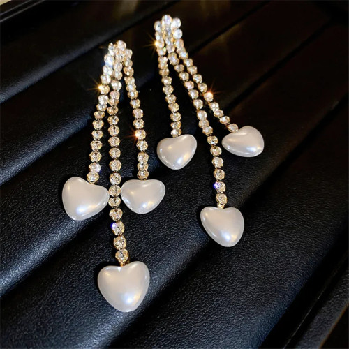 925 silver needle heart-shaped pearl tassel earrings women's retro long claw chain rhinestone earrings