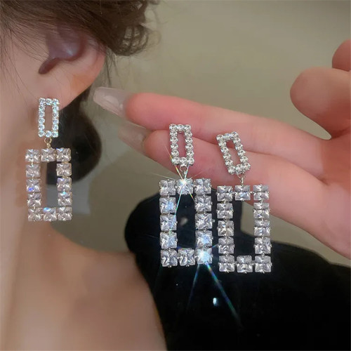 ins women's personalized hollow-out rectangular earrings Korean design sense 925 silver needle zircon earrings