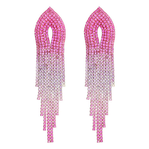 Arch Willow Leaf Tower Shape Full Rose Red Rhinestone Tassel Long Hoop Earrings For Woman