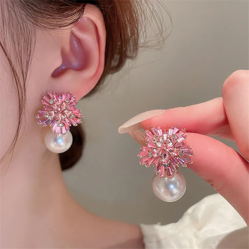 Exquisite wholesale Green pink rhinestone earrings ladies elegant classic pearl 925 silver needle earrings