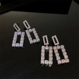 ins women's personalized hollow-out rectangular earrings Korean design sense 925 silver needle zircon earrings