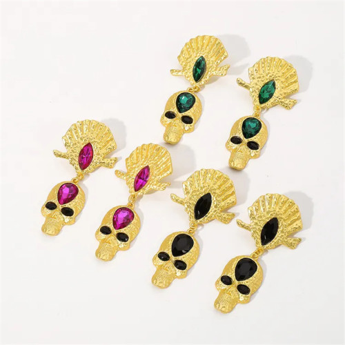 Exaggerated Gothic geometric fan-shaped skull pendant earrings women's personalized colored glass rhinestone earrings