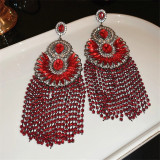 Luxury long red rhinestone claw chain tassel earrings elegant wedding party geometric fan earrings for women