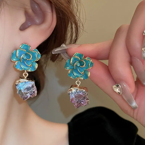 Fashion enamel oil drop flower earrings retro personality irregular stone pendant earrings 925 silver needle