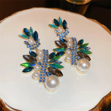 Exaggerated luxury irregular geometric pearl earrings women's retro rhinestone crystal 925 silver needle earrings